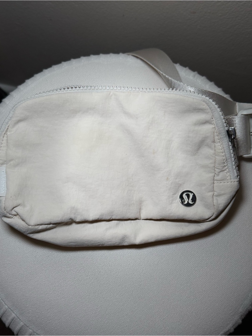 lululemon cream-white belt bag with silver logo hardware